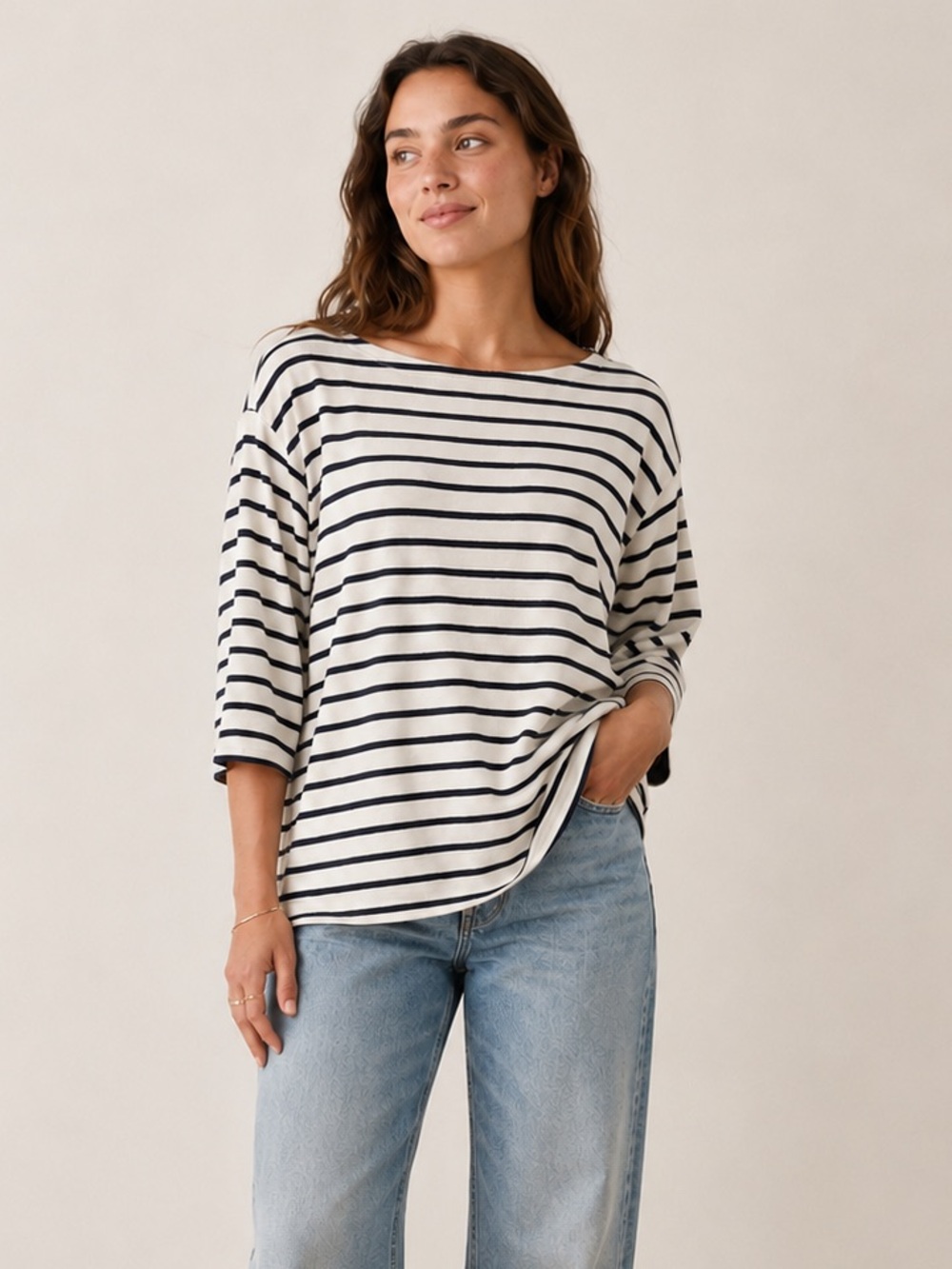 L.L. Bean Nautical Striped Boatneck Top Size XL Cream Navy Blue 3/4 Sleeve Knit